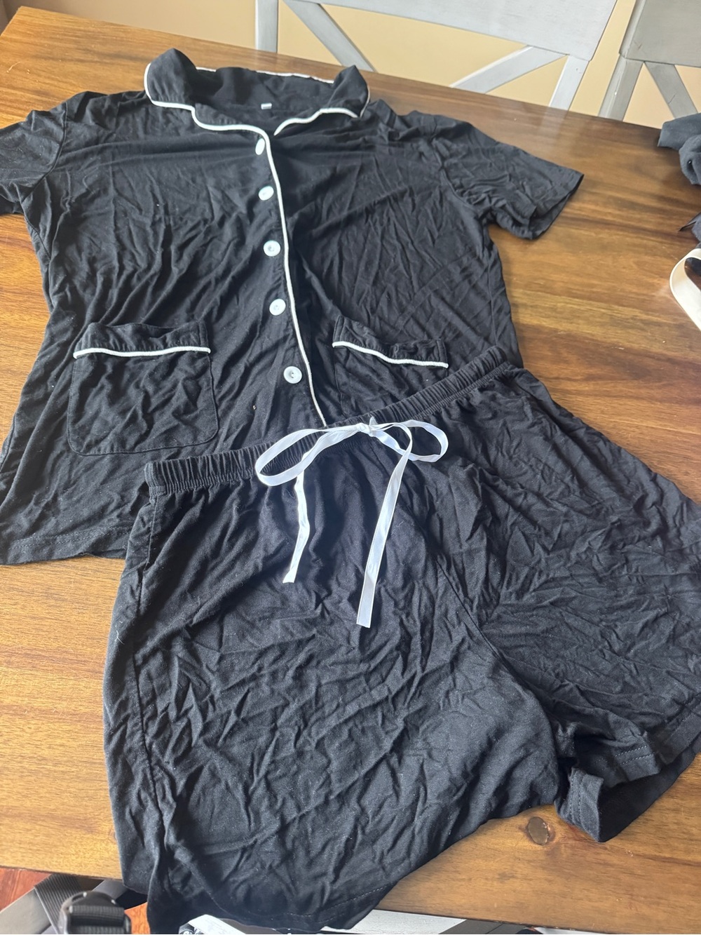 Black Short-Sleeve Pajama Set with White Trim